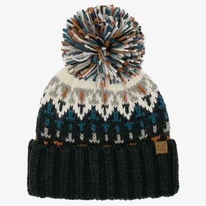 C.C. Geometric Pattern Multi Color Yarn Pom Beanie-Navy